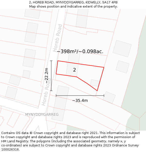 2, HOREB ROAD, MYNYDDYGARREG, KIDWELLY, SA17 4PB: Plot and title map