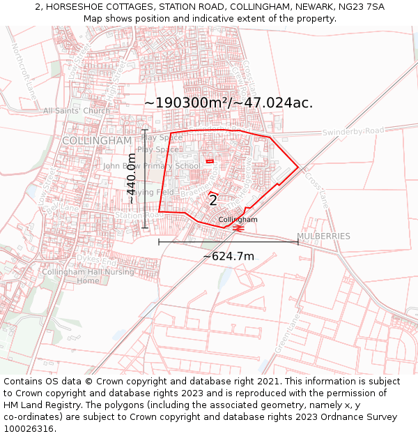 2, HORSESHOE COTTAGES, STATION ROAD, COLLINGHAM, NEWARK, NG23 7SA: Plot and title map