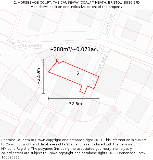 2, HORSESHOE COURT, THE CAUSEWAY, COALPIT HEATH, BRISTOL, BS36 2FD: Plot and title map