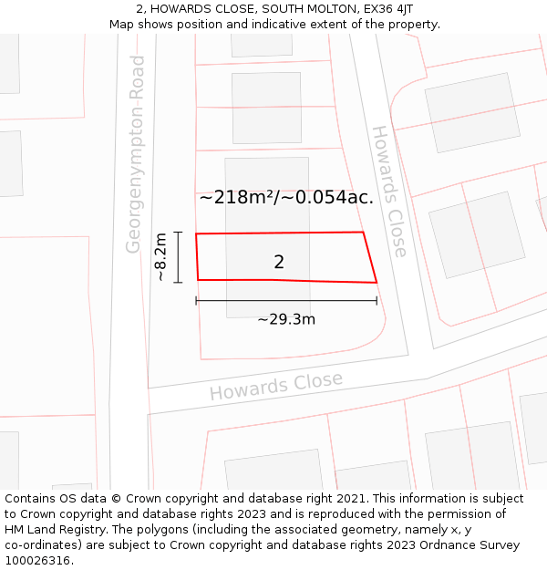 2, HOWARDS CLOSE, SOUTH MOLTON, EX36 4JT: Plot and title map