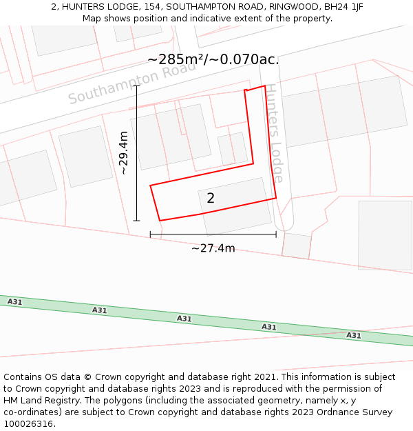 2, HUNTERS LODGE, 154, SOUTHAMPTON ROAD, RINGWOOD, BH24 1JF: Plot and title map