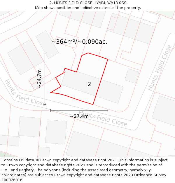 2, HUNTS FIELD CLOSE, LYMM, WA13 0SS: Plot and title map