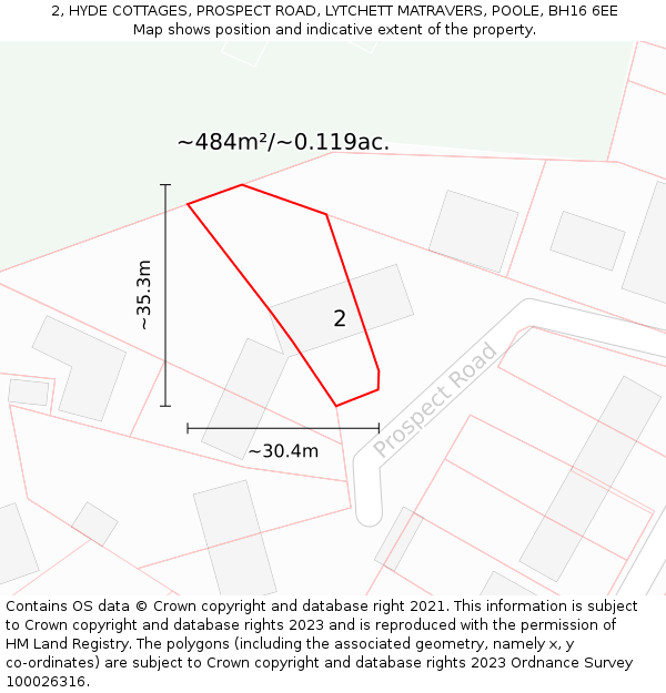 2, HYDE COTTAGES, PROSPECT ROAD, LYTCHETT MATRAVERS, POOLE, BH16 6EE: Plot and title map