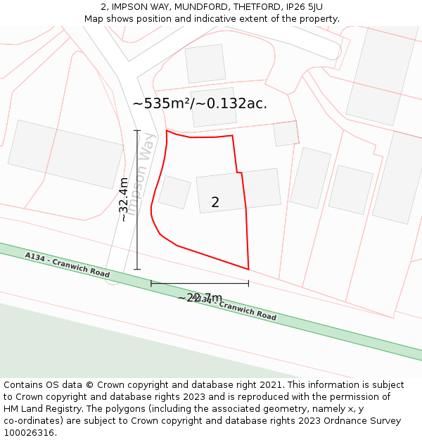 2, IMPSON WAY, MUNDFORD, THETFORD, IP26 5JU: Plot and title map