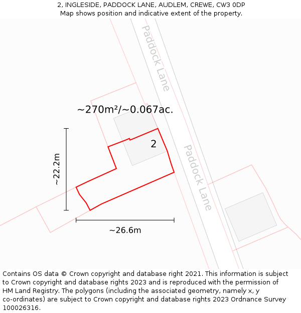 2, INGLESIDE, PADDOCK LANE, AUDLEM, CREWE, CW3 0DP: Plot and title map