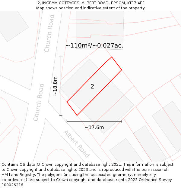 2, INGRAM COTTAGES, ALBERT ROAD, EPSOM, KT17 4EF: Plot and title map