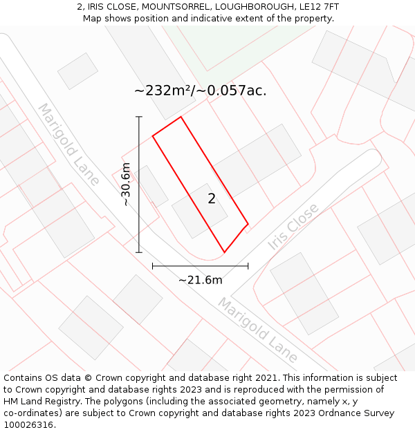 2, IRIS CLOSE, MOUNTSORREL, LOUGHBOROUGH, LE12 7FT: Plot and title map