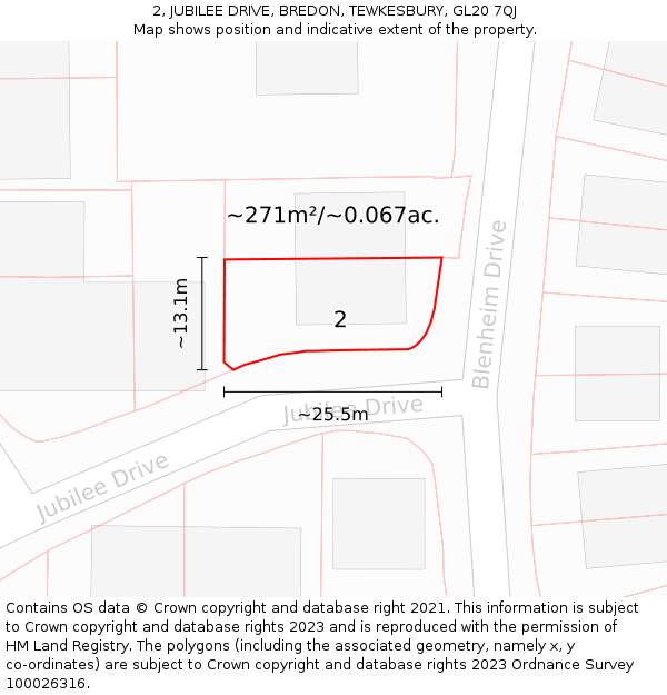 2, JUBILEE DRIVE, BREDON, TEWKESBURY, GL20 7QJ: Plot and title map