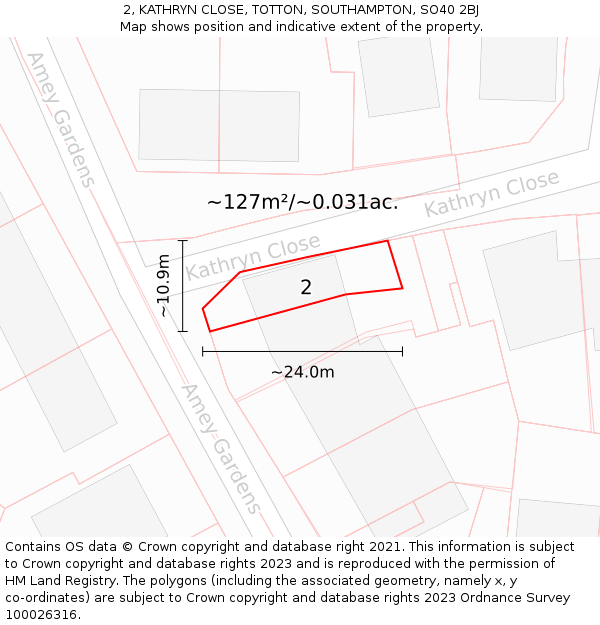 2, KATHRYN CLOSE, TOTTON, SOUTHAMPTON, SO40 2BJ: Plot and title map