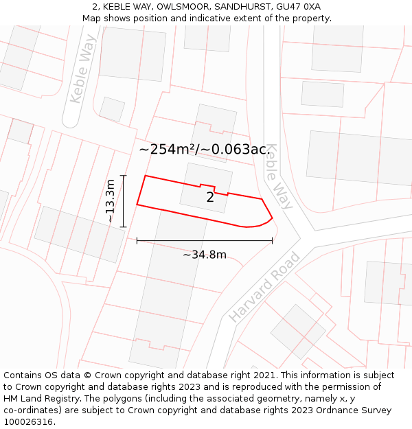 2, KEBLE WAY, OWLSMOOR, SANDHURST, GU47 0XA: Plot and title map