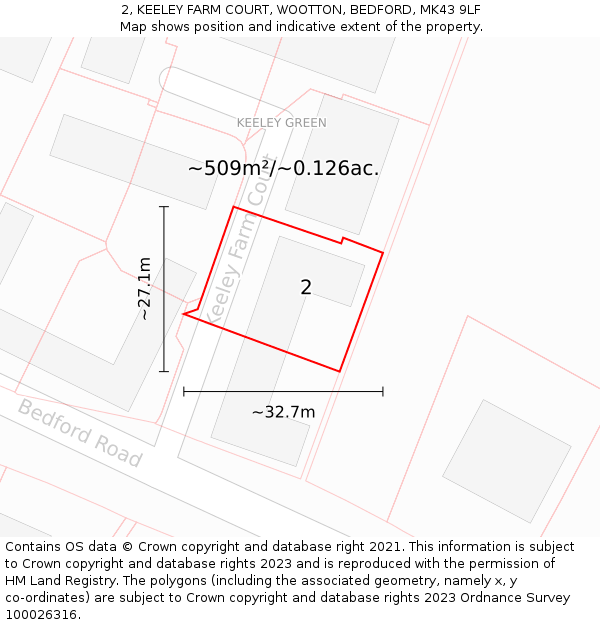 2, KEELEY FARM COURT, WOOTTON, BEDFORD, MK43 9LF: Plot and title map