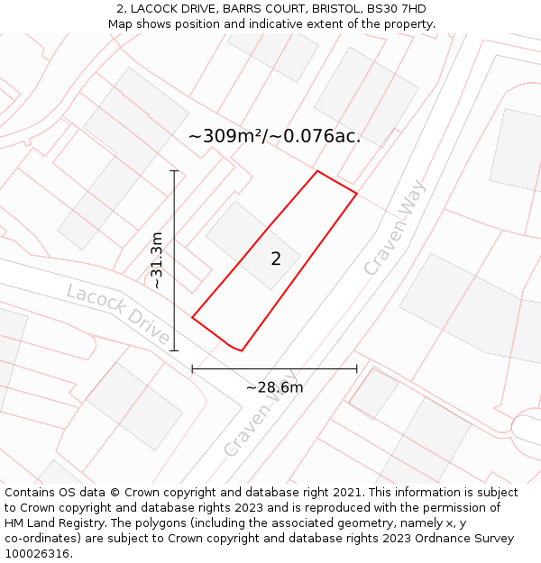 2, LACOCK DRIVE, BARRS COURT, BRISTOL, BS30 7HD: Plot and title map