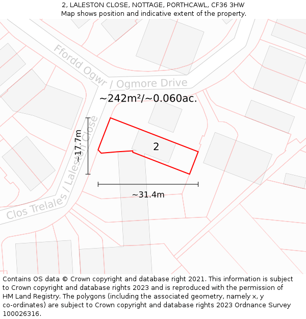 2, LALESTON CLOSE, NOTTAGE, PORTHCAWL, CF36 3HW: Plot and title map