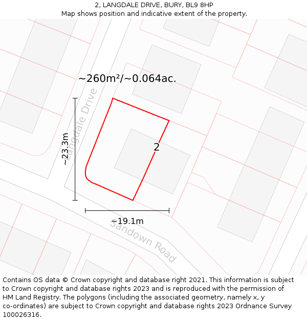 2, LANGDALE DRIVE, BURY, BL9 8HP: Plot and title map