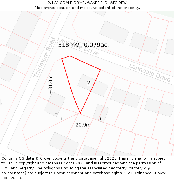 2, LANGDALE DRIVE, WAKEFIELD, WF2 9EW: Plot and title map