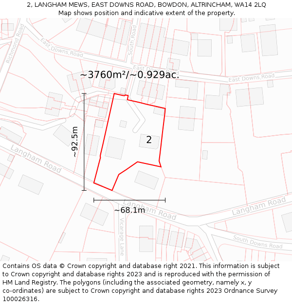 2, LANGHAM MEWS, EAST DOWNS ROAD, BOWDON, ALTRINCHAM, WA14 2LQ: Plot and title map