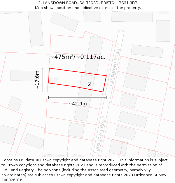 2, LANSDOWN ROAD, SALTFORD, BRISTOL, BS31 3BB: Plot and title map