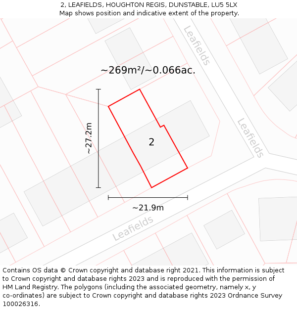 2, LEAFIELDS, HOUGHTON REGIS, DUNSTABLE, LU5 5LX: Plot and title map