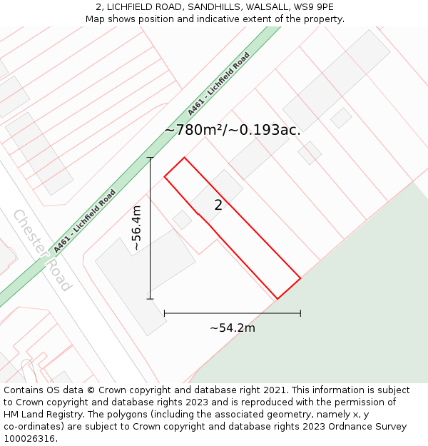 2, LICHFIELD ROAD, SANDHILLS, WALSALL, WS9 9PE: Plot and title map