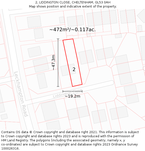 2, LIDDINGTON CLOSE, CHELTENHAM, GL53 0AH: Plot and title map