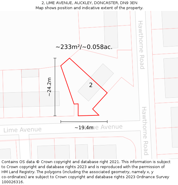 2, LIME AVENUE, AUCKLEY, DONCASTER, DN9 3EN: Plot and title map