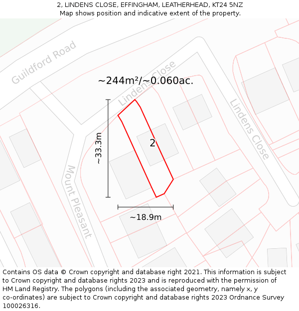 2, LINDENS CLOSE, EFFINGHAM, LEATHERHEAD, KT24 5NZ: Plot and title map