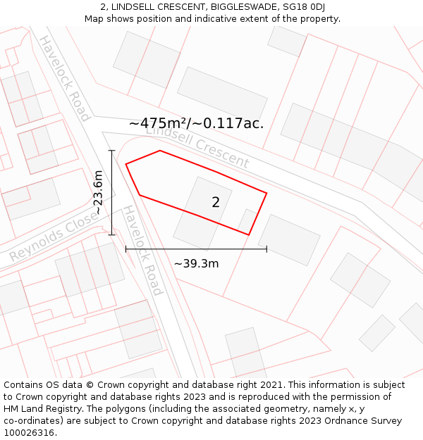 2, LINDSELL CRESCENT, BIGGLESWADE, SG18 0DJ: Plot and title map