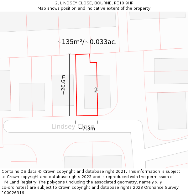 2, LINDSEY CLOSE, BOURNE, PE10 9HP: Plot and title map