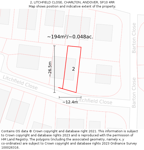 2, LITCHFIELD CLOSE, CHARLTON, ANDOVER, SP10 4RR: Plot and title map