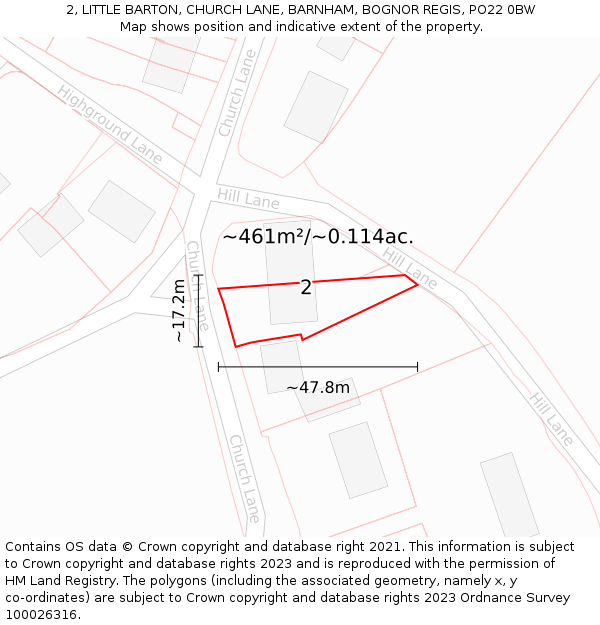 2, LITTLE BARTON, CHURCH LANE, BARNHAM, BOGNOR REGIS, PO22 0BW: Plot and title map