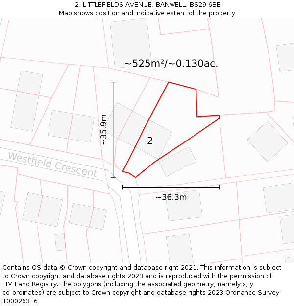 2, LITTLEFIELDS AVENUE, BANWELL, BS29 6BE: Plot and title map