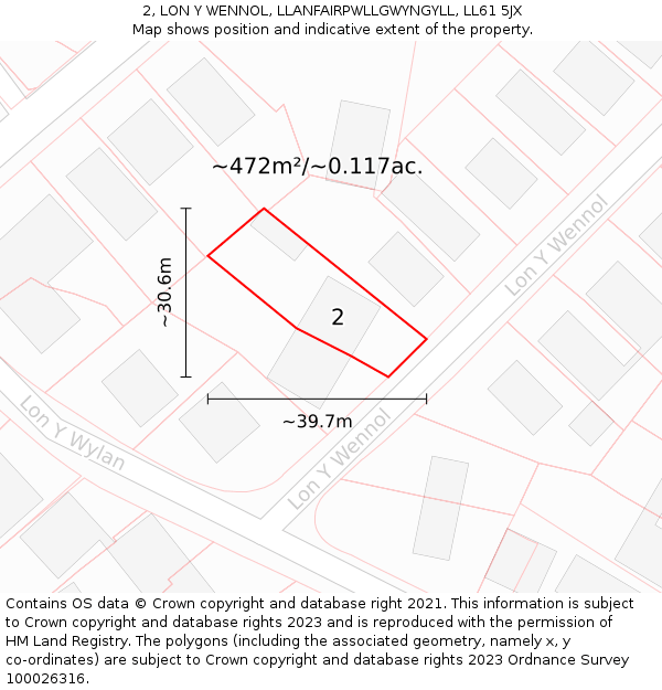 2, LON Y WENNOL, LLANFAIRPWLLGWYNGYLL, LL61 5JX: Plot and title map