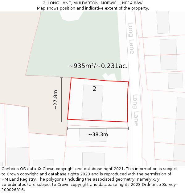 2, LONG LANE, MULBARTON, NORWICH, NR14 8AW: Plot and title map