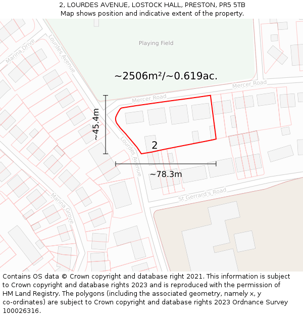 2, LOURDES AVENUE, LOSTOCK HALL, PRESTON, PR5 5TB: Plot and title map