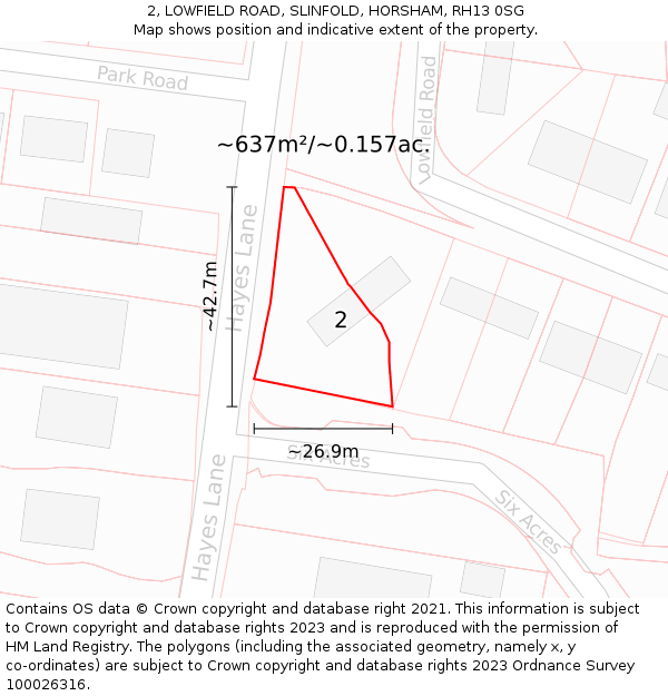 2, LOWFIELD ROAD, SLINFOLD, HORSHAM, RH13 0SG: Plot and title map