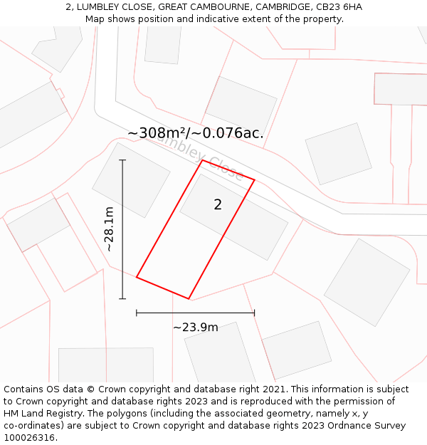 2, LUMBLEY CLOSE, GREAT CAMBOURNE, CAMBRIDGE, CB23 6HA: Plot and title map