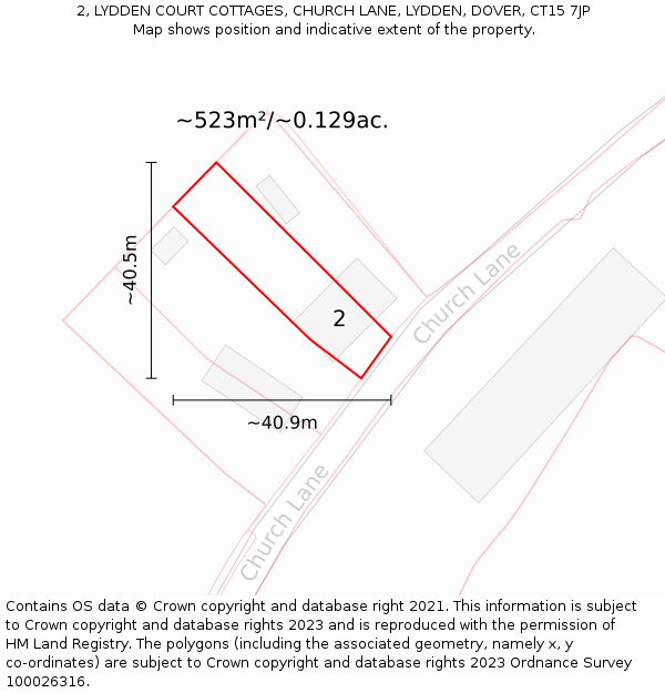 2, LYDDEN COURT COTTAGES, CHURCH LANE, LYDDEN, DOVER, CT15 7JP: Plot and title map