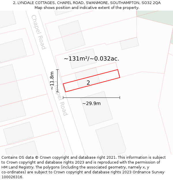 2, LYNDALE COTTAGES, CHAPEL ROAD, SWANMORE, SOUTHAMPTON, SO32 2QA: Plot and title map