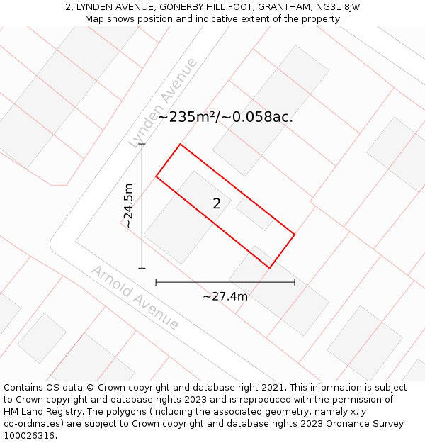 2, LYNDEN AVENUE, GONERBY HILL FOOT, GRANTHAM, NG31 8JW: Plot and title map