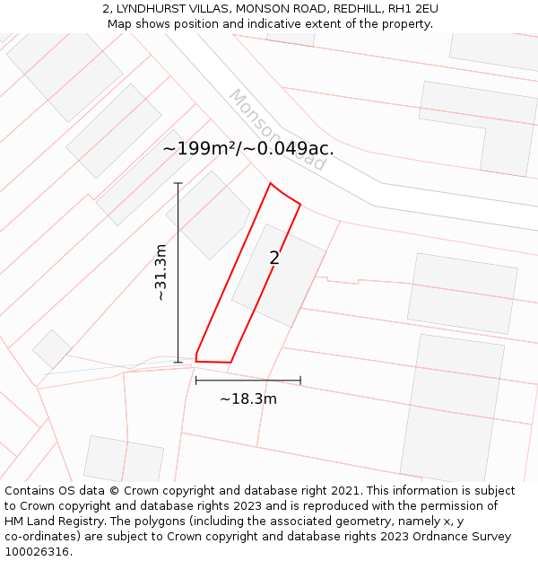 2, LYNDHURST VILLAS, MONSON ROAD, REDHILL, RH1 2EU: Plot and title map