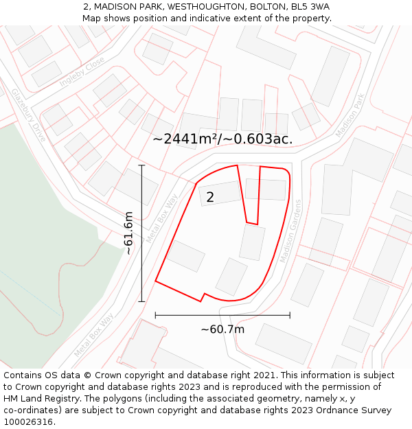 2, MADISON PARK, WESTHOUGHTON, BOLTON, BL5 3WA: Plot and title map