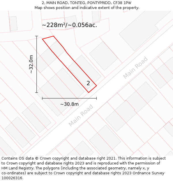 2, MAIN ROAD, TONTEG, PONTYPRIDD, CF38 1PW: Plot and title map