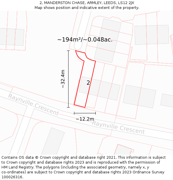 2, MANDERSTON CHASE, ARMLEY, LEEDS, LS12 2JX: Plot and title map