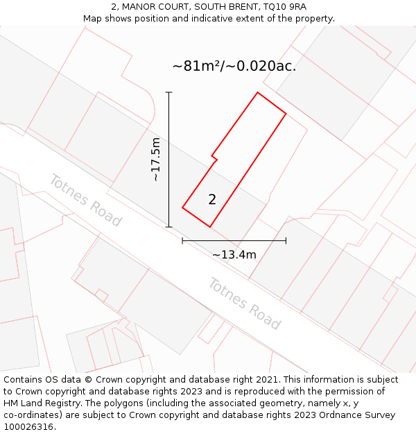 2, MANOR COURT, SOUTH BRENT, TQ10 9RA: Plot and title map