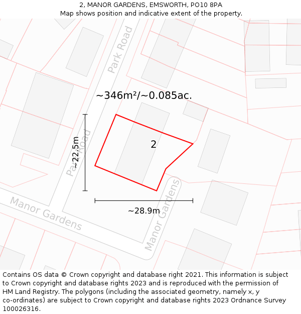 2, MANOR GARDENS, EMSWORTH, PO10 8PA: Plot and title map