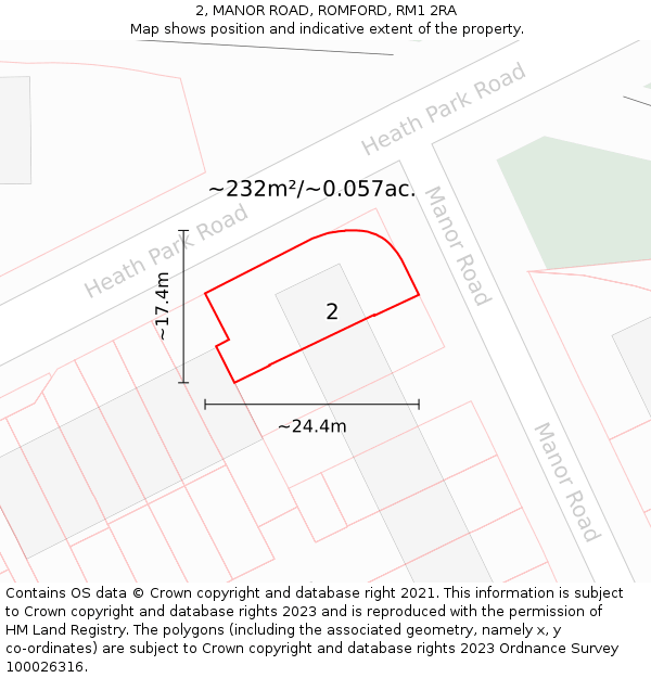 2, MANOR ROAD, ROMFORD, RM1 2RA: Plot and title map