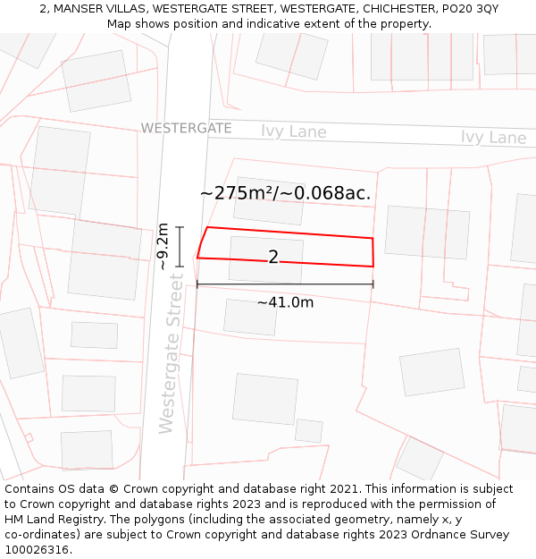 2, MANSER VILLAS, WESTERGATE STREET, WESTERGATE, CHICHESTER, PO20 3QY: Plot and title map