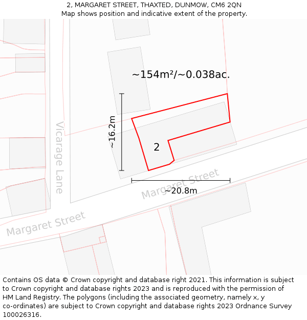 2, MARGARET STREET, THAXTED, DUNMOW, CM6 2QN: Plot and title map