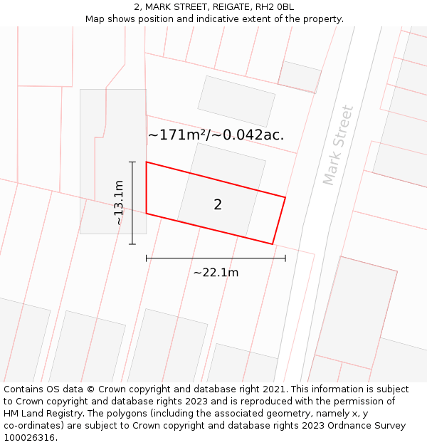 2, MARK STREET, REIGATE, RH2 0BL: Plot and title map