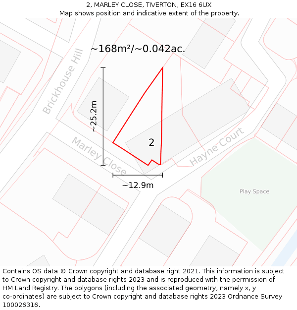 2, MARLEY CLOSE, TIVERTON, EX16 6UX: Plot and title map